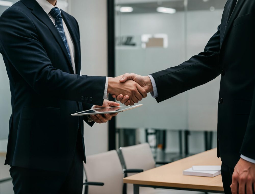 Attorney greeting a new client at the Kwartler Manus office